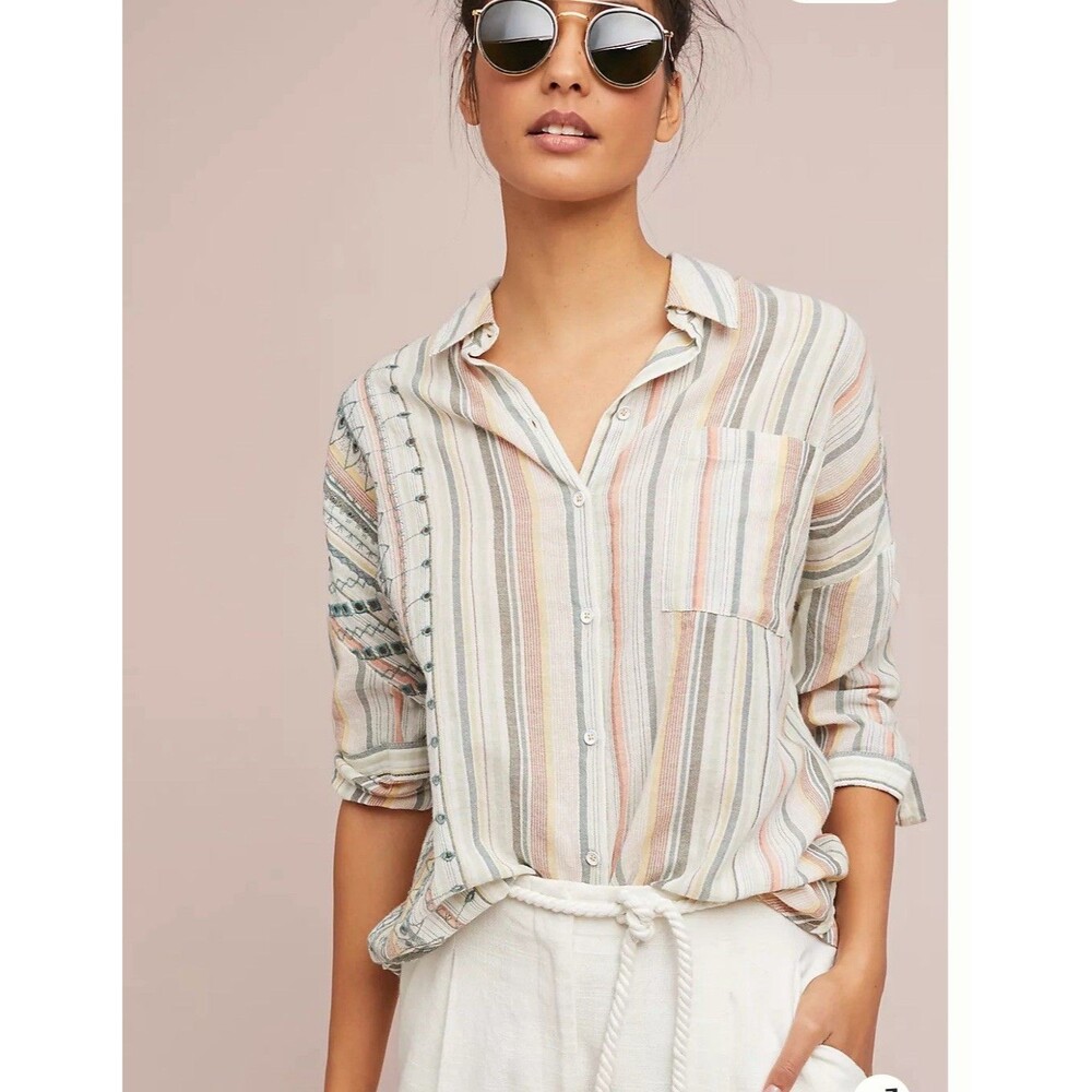 Anthropologie Akemi + Kin Yarn Dyed Button Up Shirt Size M/L Oversized Boho Chic